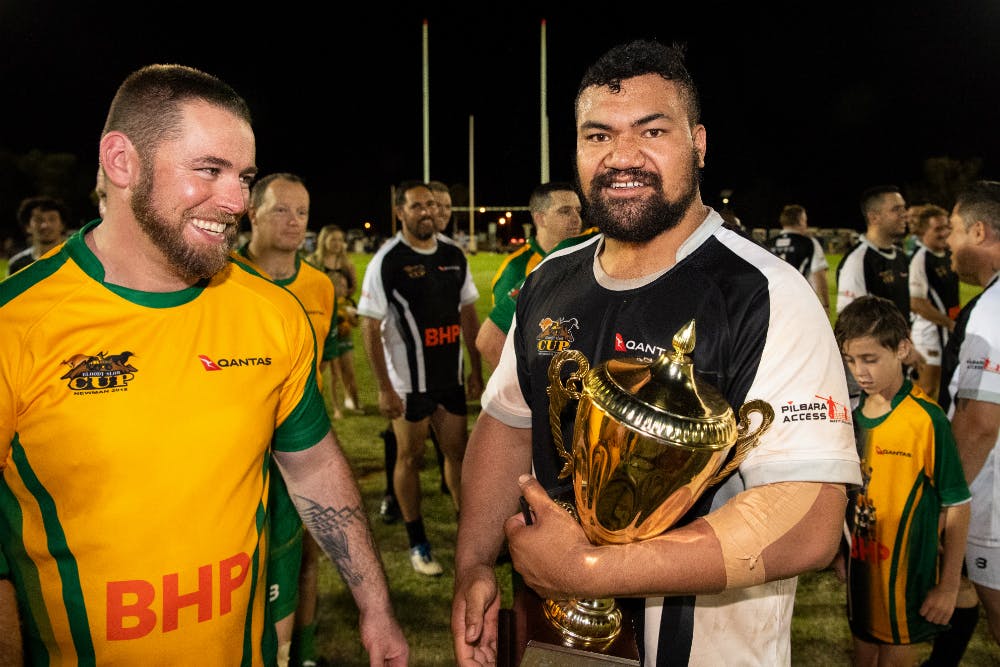 New Zealand's Iona Uili holds the Bloody Slow Cup after his player-of-the-match performance in Newman. Photo: Stuart Walmsley/Rugby Australia